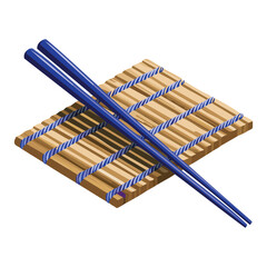 Blue Chopsticks Crossed on Grid Bamboo Mat - Vector Illustration