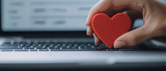 A hand places a red heart-shaped object on a laptop keyboard, symbolizing online love, care, or digital connection.