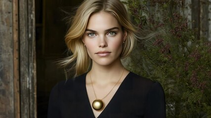 A model displays a beautiful gold pendant necklace, enhancing her look with effortless elegance in a serene, rustic setting