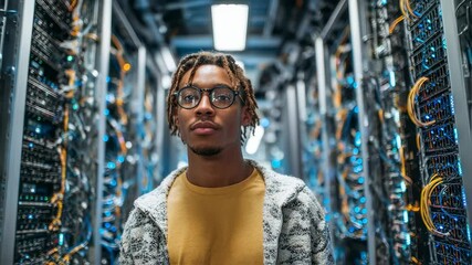 Energized young man presents a modern take on tech work balancing creativity and analytical skills while engaging with servers and network devices in a bustling server room highlighting