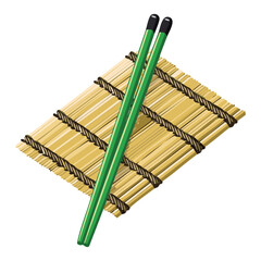 Green Chopsticks Diagonal on Woven Bamboo Mat - Vector Illustration