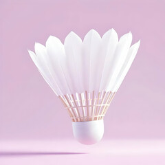 Close up of a badminton shuttlecock with white feathers on a light pink background in studio shot