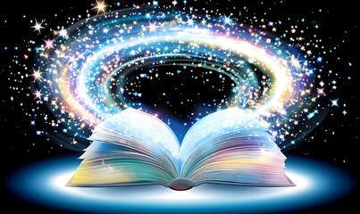 Open book emitting a magical, swirling vortex of light and stars against a black background, fantasy and ethereal