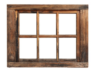Antique rustic wooden window frame with six panes isolated on transparent background