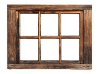 Antique rustic wooden window frame with six panes isolated on transparent background