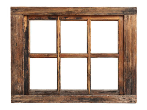 Fototapeta Antique rustic wooden window frame with six panes isolated on transparent background