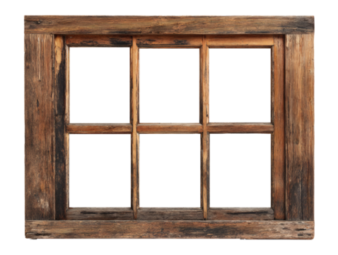 Antique rustic wooden window frame with six panes isolated on transparent background - Powered by Adobe