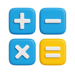 Fototapeta premium 3D math symbols icon, plus minus multiply and equal signs in blue and yellow buttons, isolated on transparent background