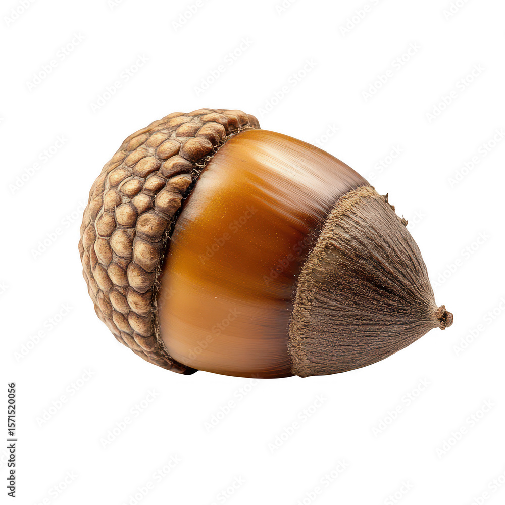 Poster a detailed view of a single brown acorn with a textured cap and smooth nut isolated on transparent b