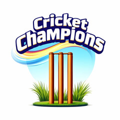 Cricket champions logo with wickets grass and colorful background for sports and gaming events design