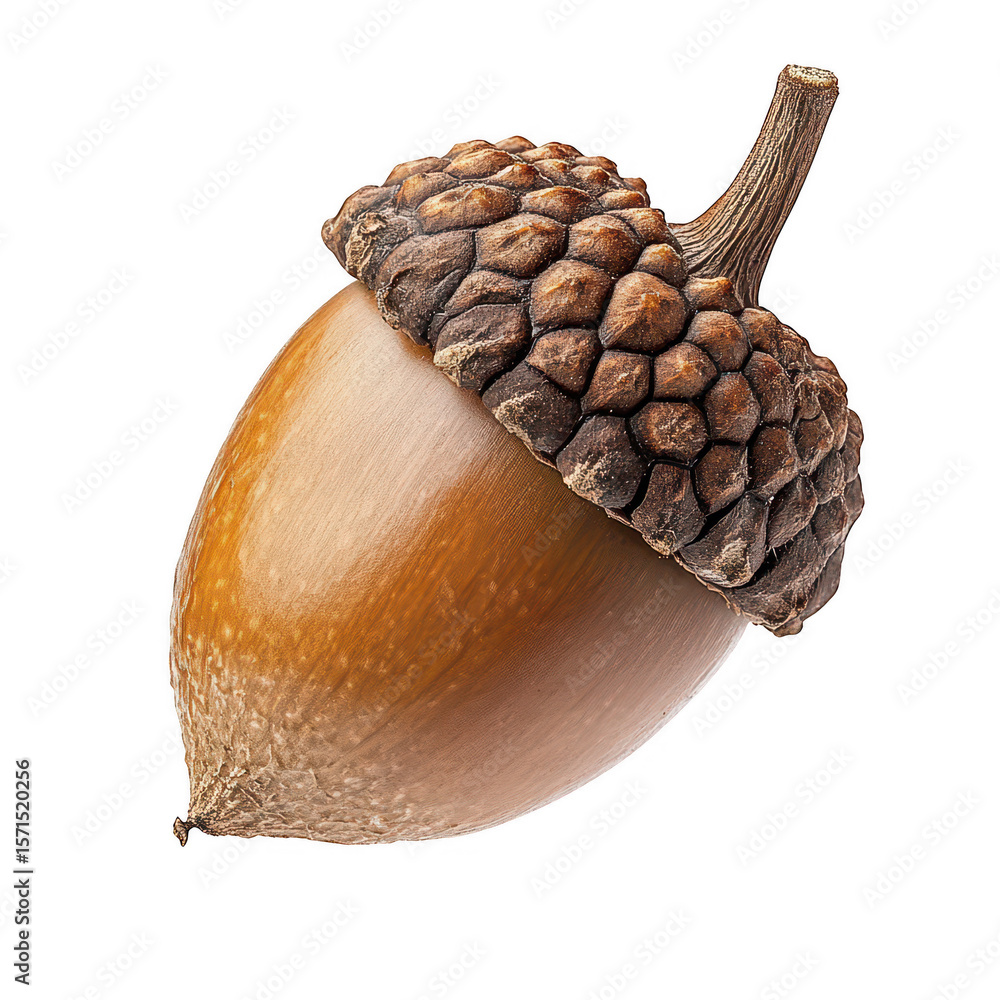 Poster detailed view of a single ripe acorn with its textured cap and smooth nut isolated on transparent ba