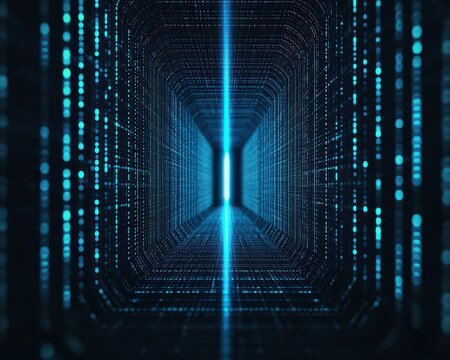 A futuristic digital tunnel of blue glowing dots and lines, symbolizing data flow and advanced technology. - Powered by Adobe