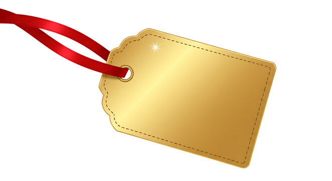 Elegant golden gift tag with a bright red satin ribbon attached perfect for branding and promotions isolated on white background