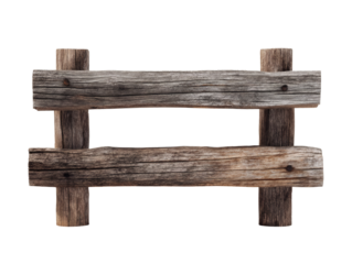 Rustic wooden fence section with weathered planks and visible nails isolated on transparent background