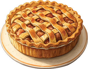 A freshly baked apple pie with lattice crust on a white plate