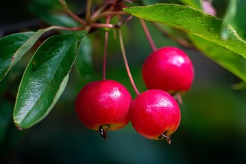 Close-up of vibrant red crabapples on a branch. A close-up view of several ripe, deep red crabapples hanging from a branch.