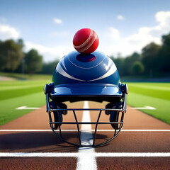 Close up of a cricket helmet with a red ball on top of it on a cricket field on a sunny day outdoors