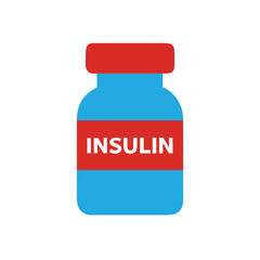 Blue red insulin bottle with the word I N S U L I N in text on a medicine diabetes