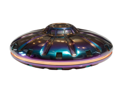 Futuristic iridescent metallic flying saucer with glowing orange lights and vents isolated on transparent background