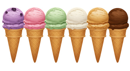 A vibrant row of six assorted ice cream cones with different flavors and colors isolated on white background