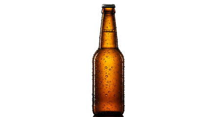 A single amber glass bottle of cold refreshing beer covered in condensation droplets isolated on a clean white background isolated on white background