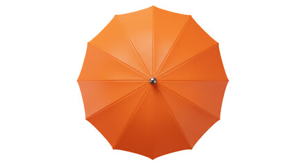 Top view of a vibrant orange umbrella with a silver handle perfectly opened and isolated on a clean white background for design isolated on white background