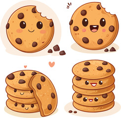 Cute cartoon chocolate chip cookies isolated on white background