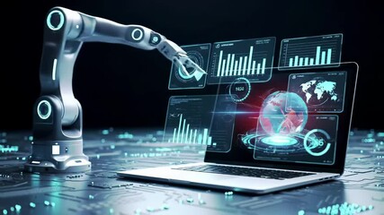 Robot arm with laptop displaying data analytics dashboard. Artificial intelligence automation technology analyzing charts and graphs. Digital interface for industrial monitoring and performance