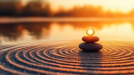 Naklejka premium Tranquil Zen Stones with Sunstone Reflecting on Water Surface