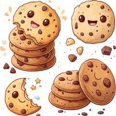 A stack of cute chocolate chip cookies with happy faces isolated on white