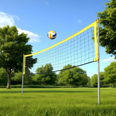 Volleyball suspended mid air above net with trees and blue sky in the background on a sunny day