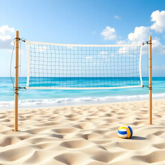 A beach volleyball net with a ball on the sand near the ocean under a bright blue cloudy sky day