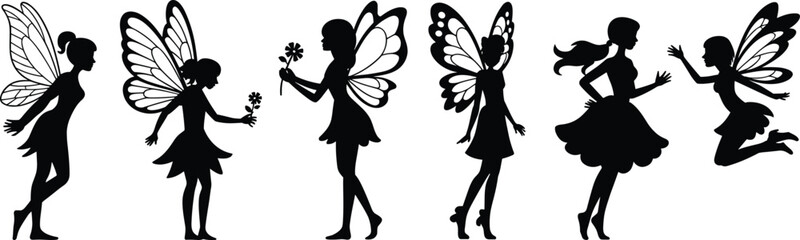 Set of whimsical fairy silhouettes with wings roses in various poses, ideal for fantasy, magic, nature, and storytelling designs