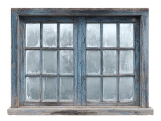 Fototapeta premium Rustic weathered blue wooden window with frosted glass panes isolated on transparent background