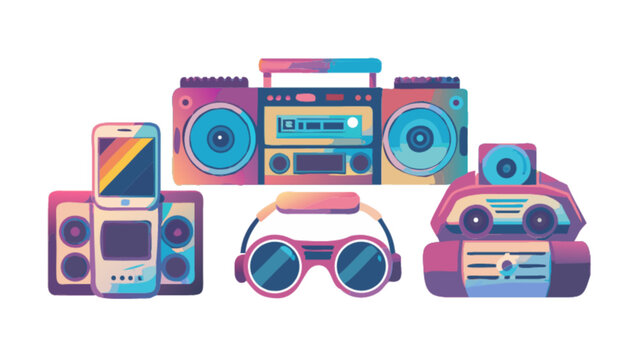 Retro tech gadgets illustration: boombox, phone, speakers, vr headset, and camera for nostalgia lovers