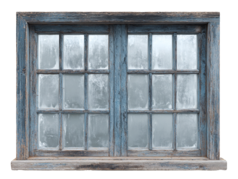 Rustic weathered blue wooden window with frosted glass panes isolated on transparent background