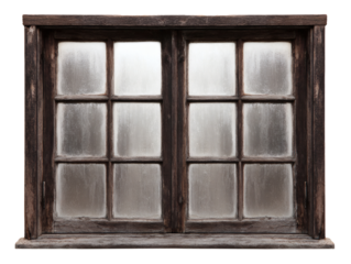 Old wooden window with frosted glass panes isolated on transparent background