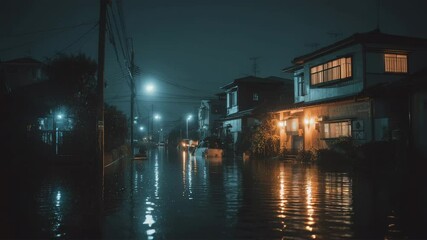 浸水する夜の住宅街と助けを求める光