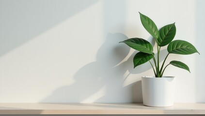 A plant with large leaves in a white pot stands on a wooden shelf in front of a white wall. Light from the window. Minimalistic Copy Space Template