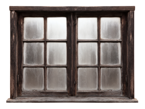 Old wooden window with frosted glass panes isolated on transparent background