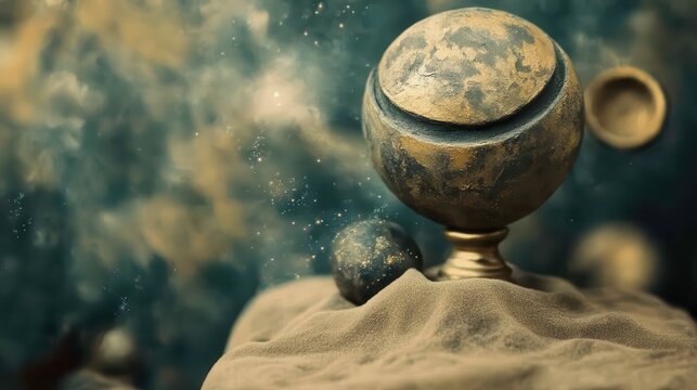 Glowing Globe Model on Sand with Mystical Dust in Background