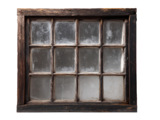 Old wooden window frame with twelve frosted glass panes isolated on transparent background