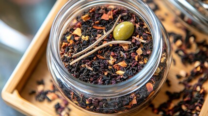 Colorful Herbal Tea Blend Inside Glass Jar on Wooden Tray