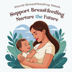 World Breastfeeding Awareness Cartoon Illustration for Poster or Flyer, Mother and Baby Nursing Poster | Support Breastfeeding