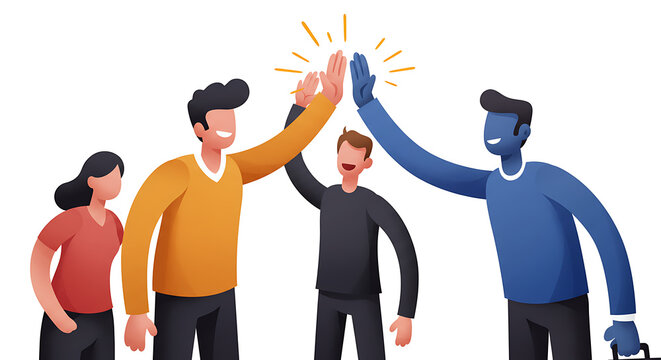 Group of diverse people giving high five celebrating success illustration