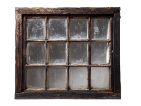Old wooden window frame with twelve frosted glass panes isolated on transparent background - Powered by Adobe