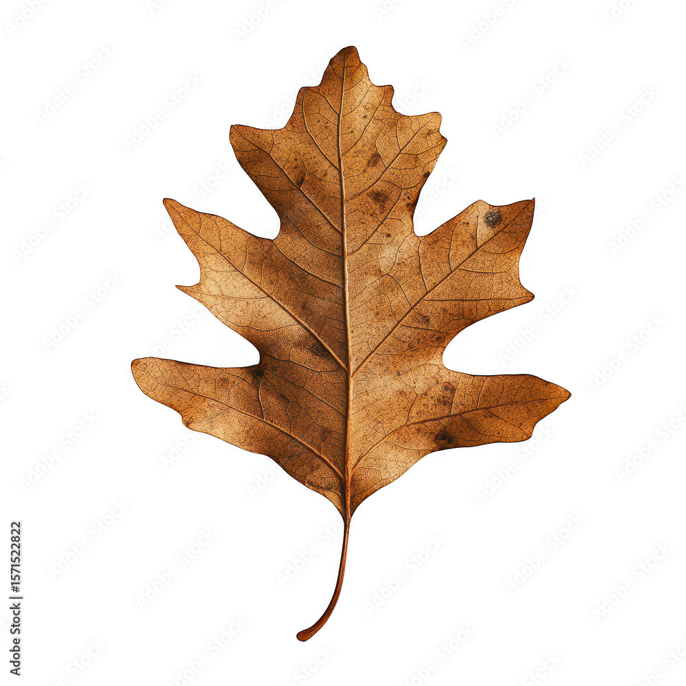Poster detailed view of a dried autumn oak leaf with intricate veining and a subtle orange hue isolated on 