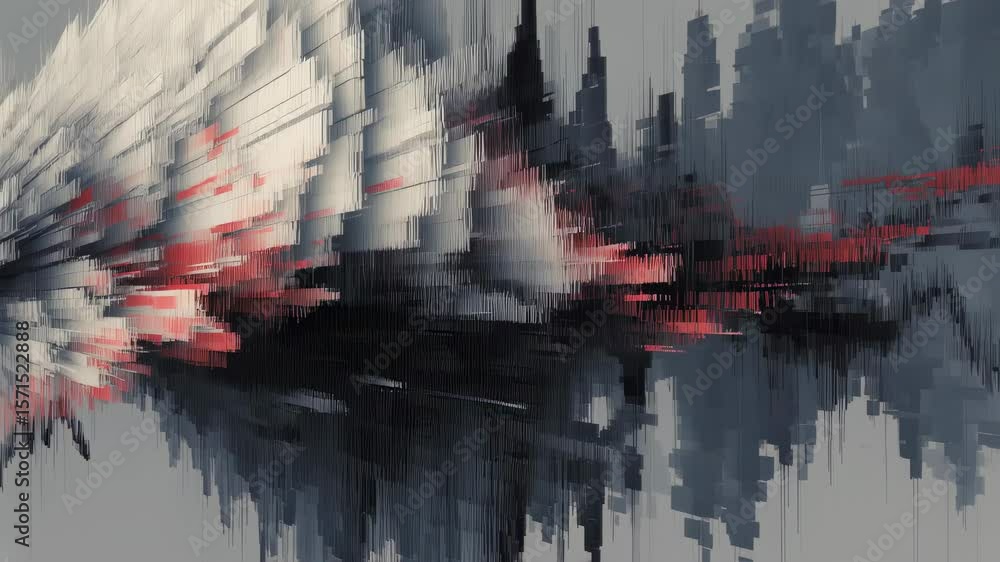 Poster an abstract representation of a collapsing stock market with fragmented and jagged lines illustratin