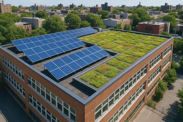 Small-scale renewables support local, sustainable energy solutions. A rooftop garden and solar panels installed on a large brick building in an urban setting 