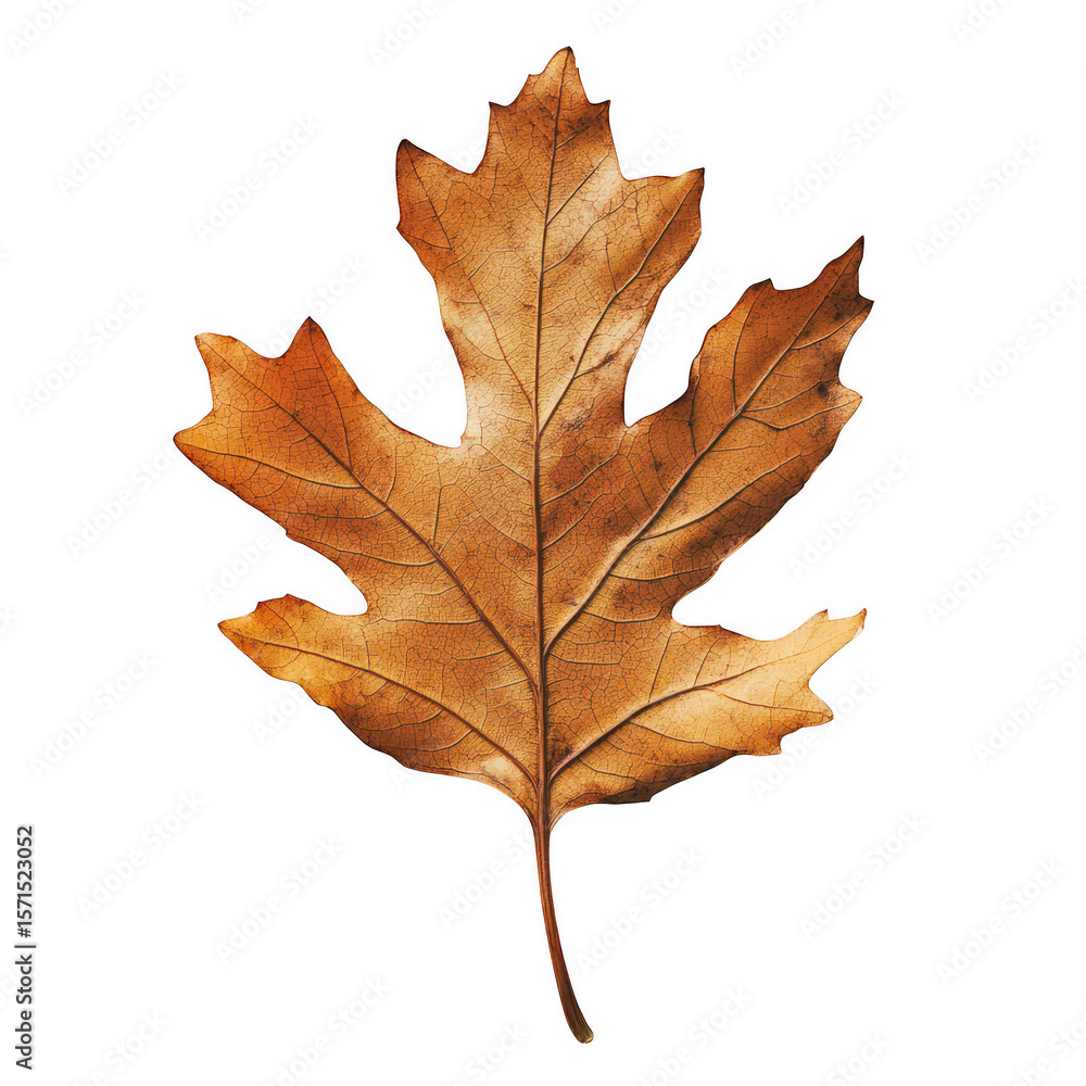 Poster detailed view of a dried oak leaf with intricate vein patterns and a subtle orange hue isolated on t